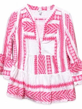 crown & ivy Pink and White Geometric Patchwork Cotton Peplum Peasant Blouse